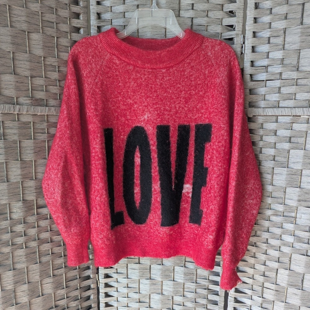 Hush LOVE Graphic Sweater Red Baby Alpaca Blend Crewneck M *READ Soft Cozy Bold